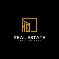 HE initial monogram logo for real estate design with creative square image vector