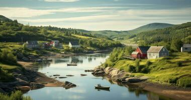 Bucolic Beauty - A Riverside Village Viewed from Afar. Generative AI photo