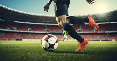 Showcasing Skillful Ball Control on the Football Field on the background of the stadium stands. Generative AI photo
