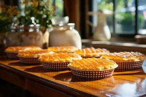 photos of tarts in indoor kitchen table photo studio AI Generated