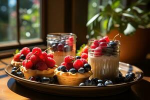 photos of tarts in indoor kitchen table photo studio AI Generated