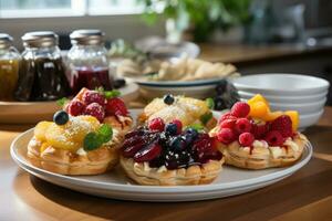 photos of tarts in indoor kitchen table photo studio AI Generated