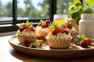 photos of tarts in indoor kitchen table photo studio AI Generated