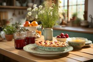 photos of tarts in indoor kitchen table photo studio AI Generated