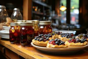 photos of tarts in indoor kitchen table photo studio AI Generated