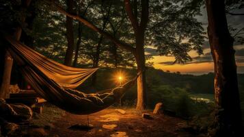 crepúsculo ataduras. abrazando aventuras en un hamaca Entre pinos generativo ai foto