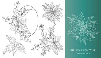 Poinsettia Line Art. Christmas Floral Frames and Bouquets Line Art. Fine Line Christmas Frame Hand Drawn Illustration. Hand Drawn Outline Poinsettia. ChristmasColoring Page. Poinsettia Isolated vector