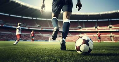 The Beautiful Game - Football player kicks the ball or dribbling with feints on the field or green grass lawn on the background of the stadium stands. Generative AI photo