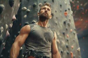 Rock climber person hanging on a bouldering climbing wall. Generative Ai photo