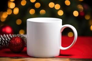 a white mug mock-up with Christmas background Generative AI photo