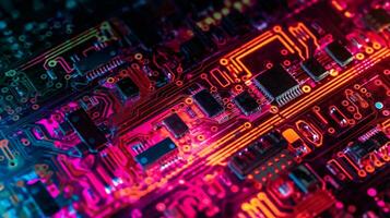 AI Generative. Close-up exploration of computer chip circuitry photo