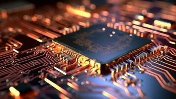 AI Generative. Close-up exploration of computer chip circuitry photo