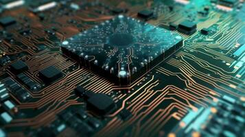AI Generative. Close-up exploration of computer chip circuitry photo
