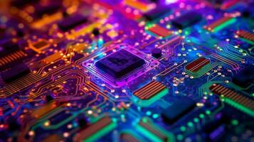 AI Generative. Close-up exploration of computer chip circuitry photo
