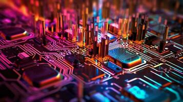 AI Generative. Close-up exploration of computer chip circuitry photo