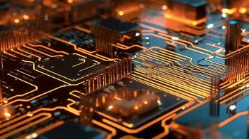 AI Generative. Close-up exploration of computer chip circuitry photo