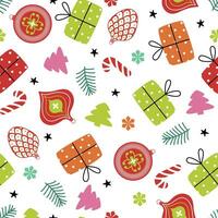 Seamless christmas pattern template in cartoon style with gifts, snowflakes, candy cane, stars and balls. Can be use for wrapping paper, textile, themed decor vector