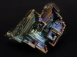 Rainbow colorful mineral bismuth closeup macro on a dark background photo