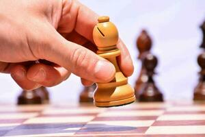 a person is holding a wooden chess piece photo