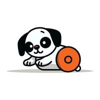 Cute cartoon pug dog playing with a ball. Vector illustration.