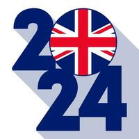 Happy New Year 2024 long shadow banner with UK flag inside. Vector illustration.