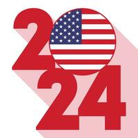 Happy New Year 2024 long shadow banner with USA flag inside. Vector illustration.