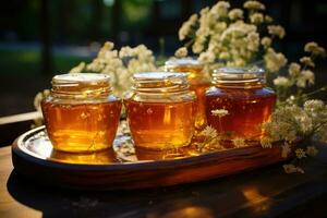 jar filled with honey on wooden table AI Generated photo