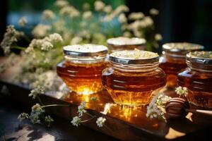 jar filled with honey on wooden table AI Generated photo