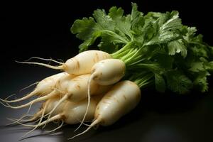 photos of long white radish ready to serve in indoor studio AI Generated