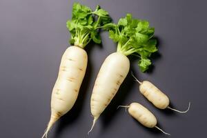 photos of long white radish ready to serve in indoor studio AI Generated