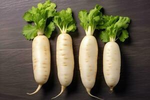 photos of long white radish ready to serve in indoor studio AI Generated