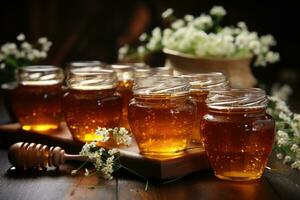 jar filled with honey on wooden table AI Generated photo