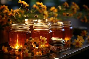 jar filled with honey on wooden table AI Generated photo