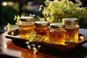 jar filled with honey on wooden table AI Generated photo