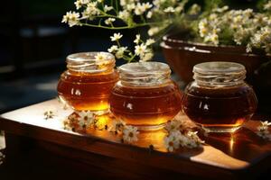 jar filled with honey on wooden table AI Generated photo