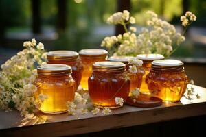 jar filled with honey on wooden table AI Generated photo