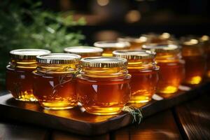 jar filled with honey on wooden table AI Generated photo