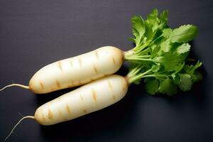 photos of long white radish ready to serve in indoor studio AI Generated