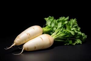 photos of long white radish ready to serve in indoor studio AI Generated