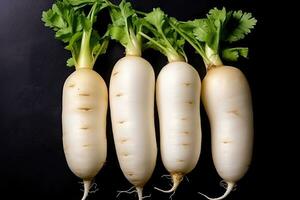 photos of long white radish ready to serve in indoor studio AI Generated