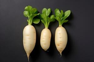 photos of long white radish ready to serve in indoor studio AI Generated