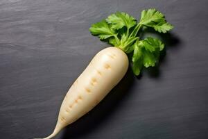 photos of long white radish ready to serve in indoor studio AI Generated