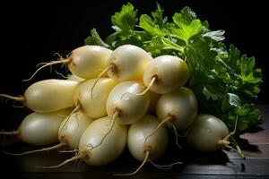 photos of long white radish ready to serve in indoor studio AI Generated