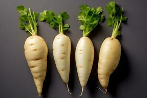 photos of long white radish ready to serve in indoor studio AI Generated