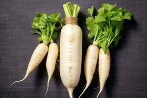 photos of long white radish ready to serve in indoor studio AI Generated