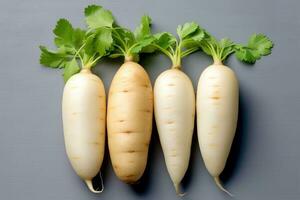 photos of long white radish ready to serve in indoor studio AI Generated