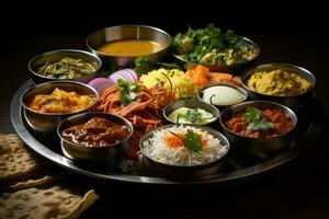 photos of indian thali in indoor photo studio AI Generated