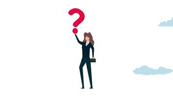 Animation of Doubt, inquiry, or problem addressing in business. Businesswoman contemplating options while holding a large question mark. video