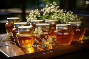 jar filled with honey on wooden table AI Generated photo