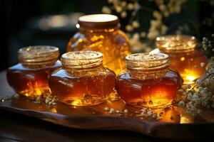 jar filled with honey on wooden table AI Generated photo